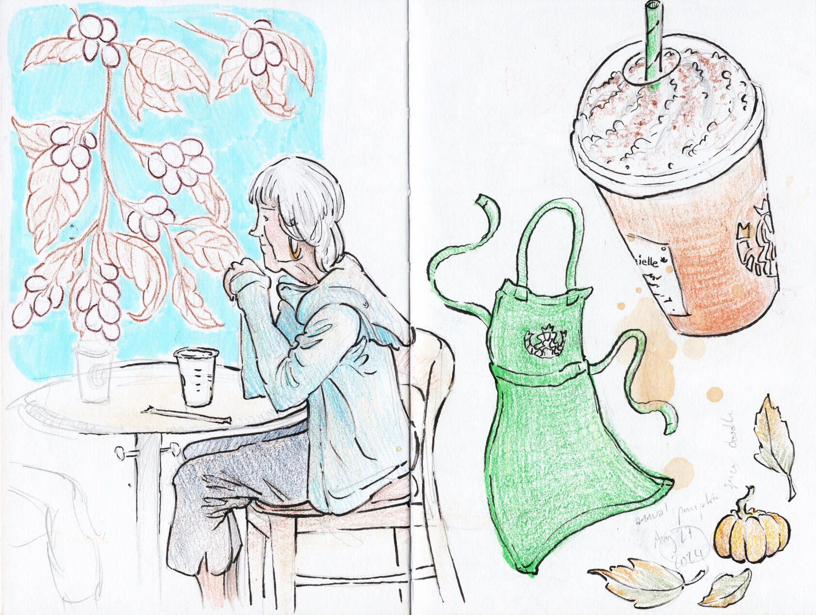 Woman at Starbucks, 2024, ink, coloured pencil