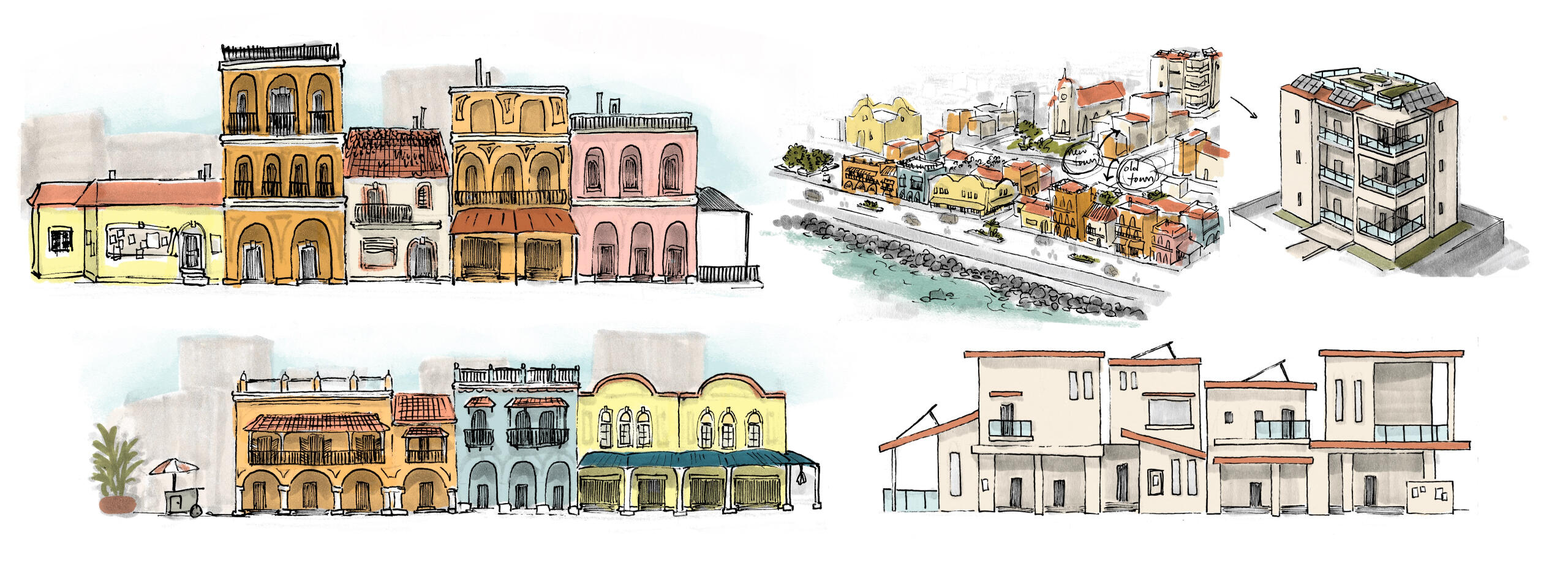 Puerto Nueva Arcitecture concepts, 2024, ink, marker, digital colour