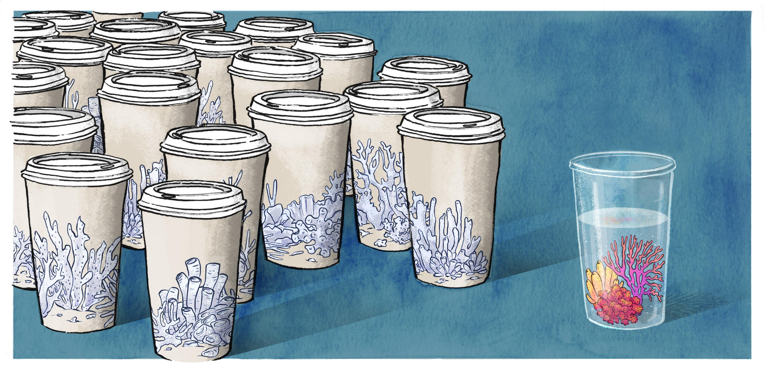 Caffeinated Contaminants, 2023, ink, watercolour texture, digital colour, published in the 2024 Applied Arts Annual, Conceptual Illustration (Student)